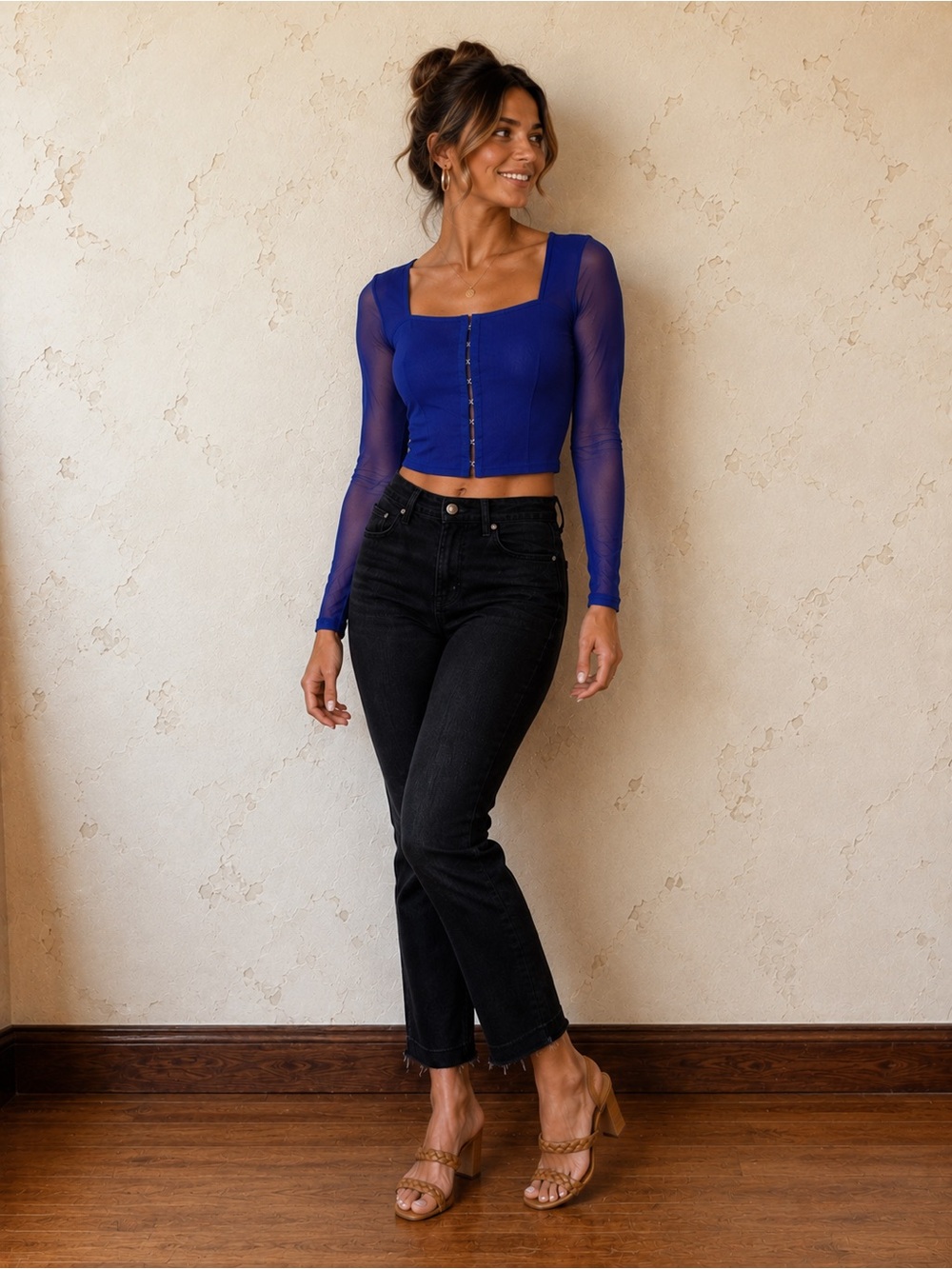 BOTURE Royal Blue Sheer Sleeve Corset Top Size M 💙